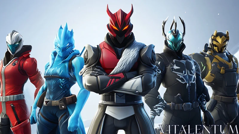 Group of armored sci fi characters in stylized 3D lineup.