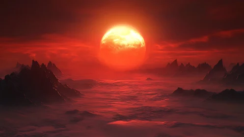 Red stellar object above rocky, mist-covered terrain.