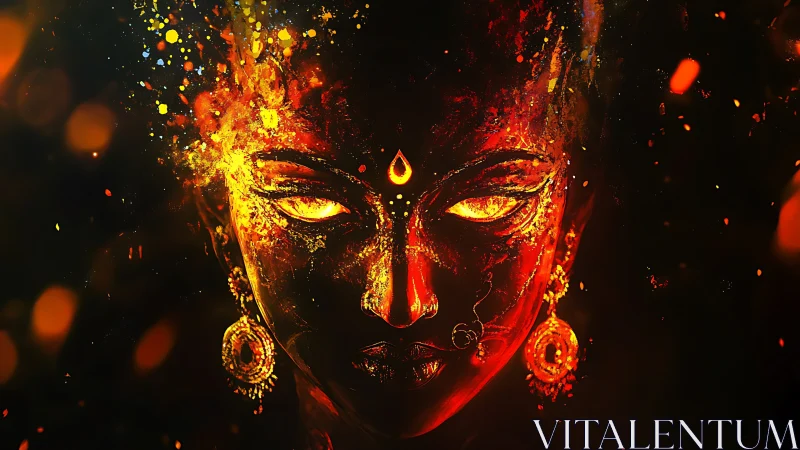 Fiery divine face emerges from darkness with molten gaze