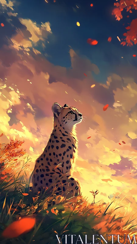 Spotted Cheetah Gazes Upward in Fiery Sunset Landscape