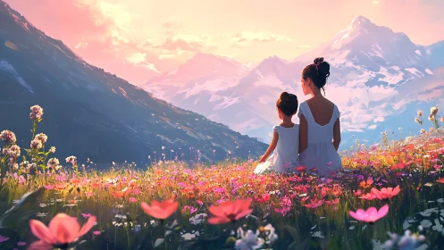 Mother and daughter sharing sunset calm in wildflower hills.