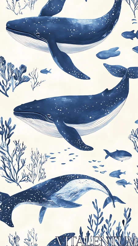 Blue whale pattern with marine plants and small fish forms.