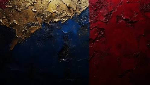 Textured gold blue red triptych contrasts metallic depth.