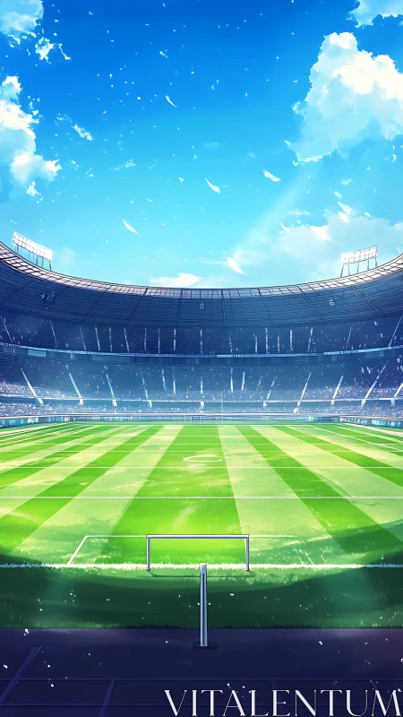 Sunlit anime football stadium with striped pitch and open sky