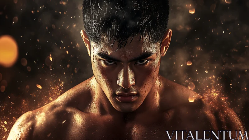 Intense fighter stares forward amid glowing embers and smoke