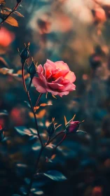 Pink Rose Blooms Against Soft Depth. Golden Afternoon Light.