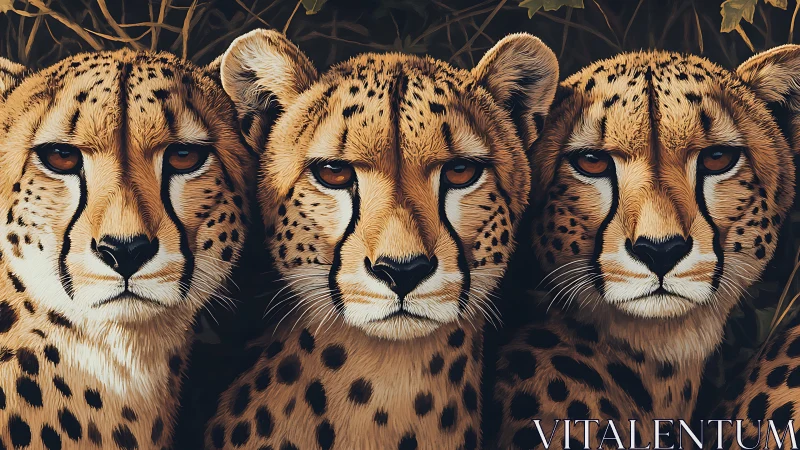 Three Cheetahs Gaze Intensely Against a Dark Atmospheric Background