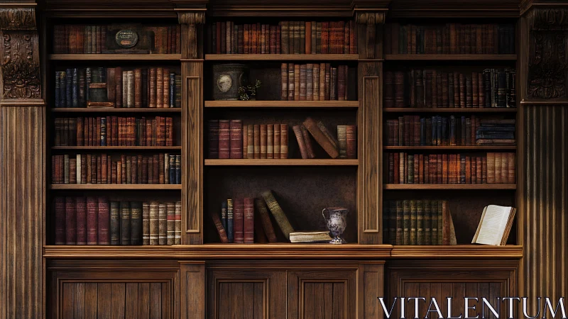 Cozy vintage library shelves filled with worn story treasures.