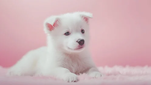 White puppy lies on pink fur surface against soft backdrop