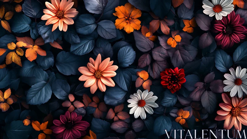 Floral arrangement with contrasting blooms and foliage.