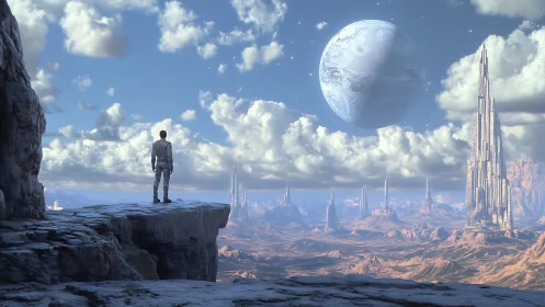 Solitary surveyor on stratified alien plateau under gas giant.