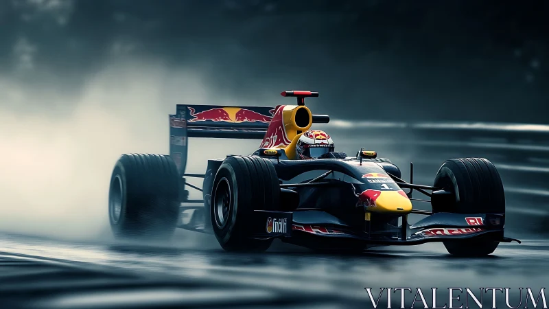 Rain-soaked Formula racing car cutting through track spray.