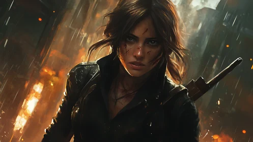 Battle-scarred heroine stalks through embers and neon rain