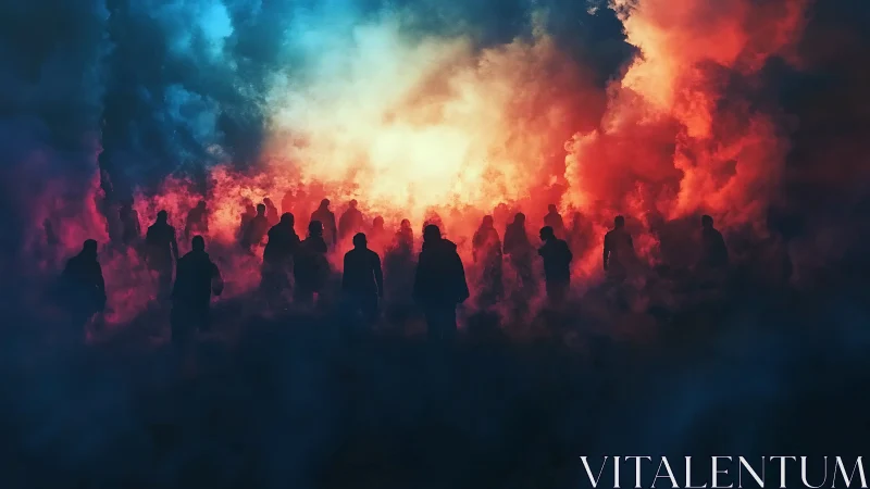 Silhouetted Crowd Walking Through Fiery Dreamlike Mist.