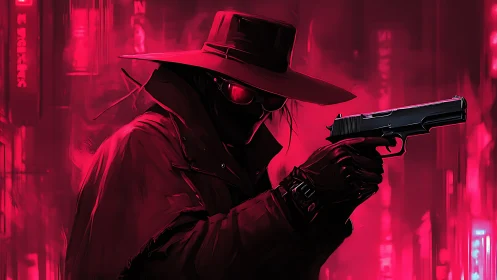 Shadowed gunman in neon-lit alley rendered in high contrast red