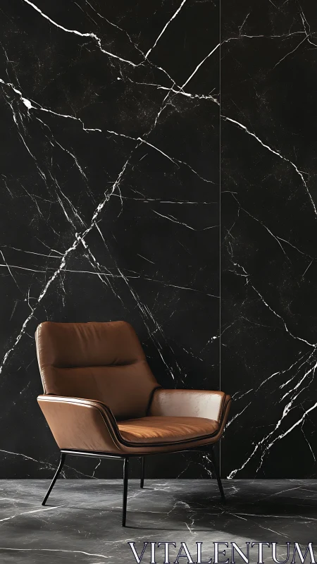 Brown leather lounge chair against black marble veined wall plane