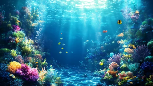 Colorful digital coral reef with tropical fish scene.