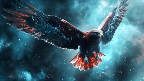 Majestic Eagle in Flight Amidst Vivid Blue and Red Fantasy Sky.