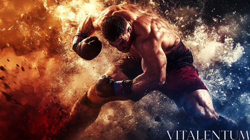 Boxer Mid-Punch Against Explosive Fire and Ice Background.