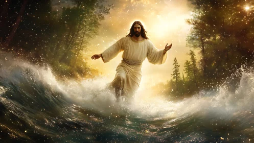 Figure in white robe walking on waves under radiant sky.