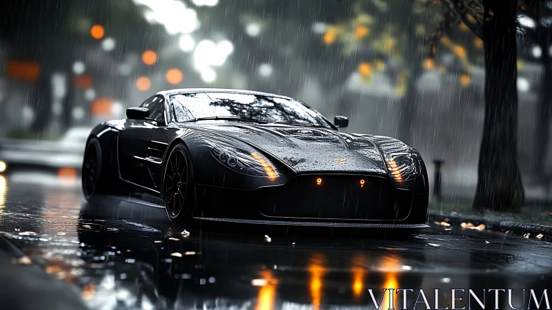 Black sports coupe on wet city street in steady rain.