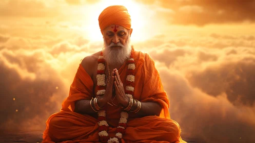 Serene orange-robed monk meditates above glowing clouds.