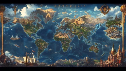 Fantasy world atlas map in ornate illustrative cartographic style.