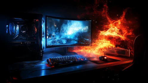Gaming PC setup shows fiery visual effects beside monitor