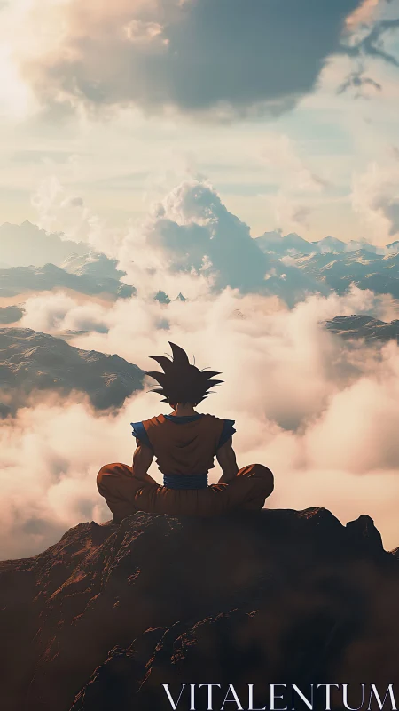 Solitary warrior meditating above sunlit cloud mountains.