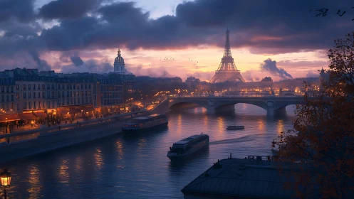 Sunset view of Paris riverfront with Eiffel Tower skyline.