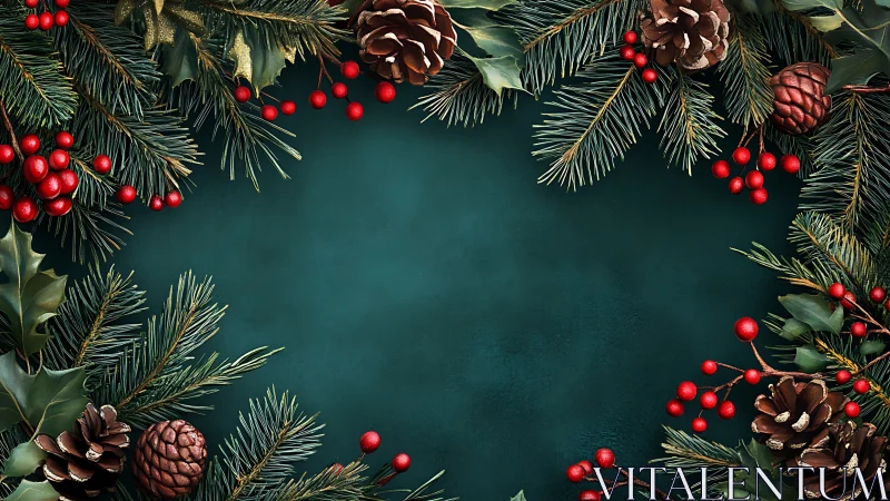 Christmas pine border with berries on dark green background.