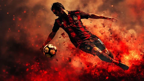 Dynamic soccer player dives through fiery explosive nebula.