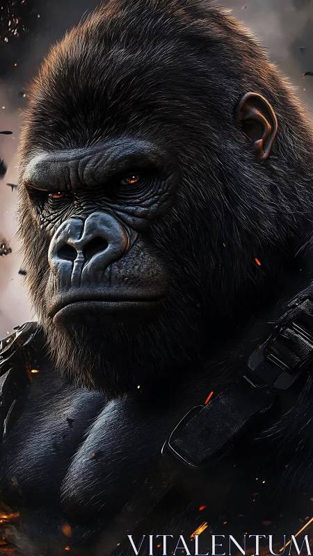 Armored war gorilla rendered in hyperreal cinematic detail.
