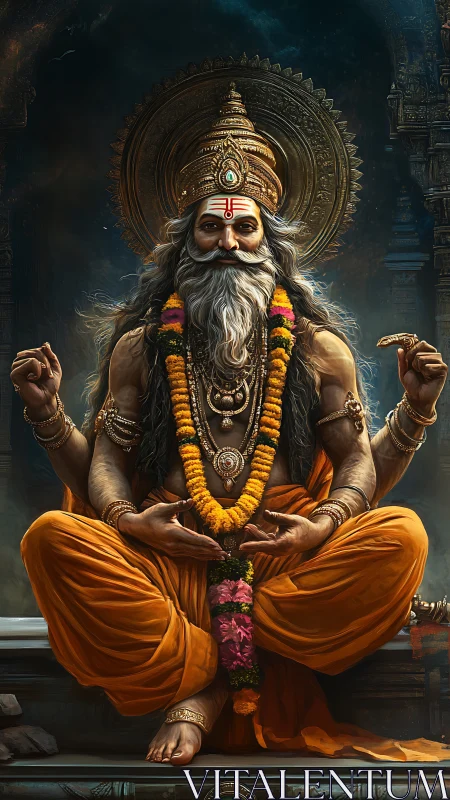 Meditating sage sits in ornate temple with golden halo crown