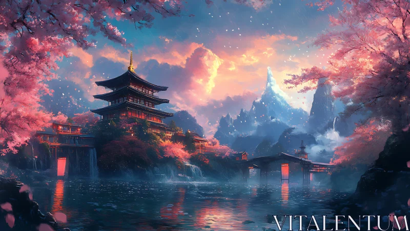 Cherry blossom pagoda dreamscape over misty jade waters.