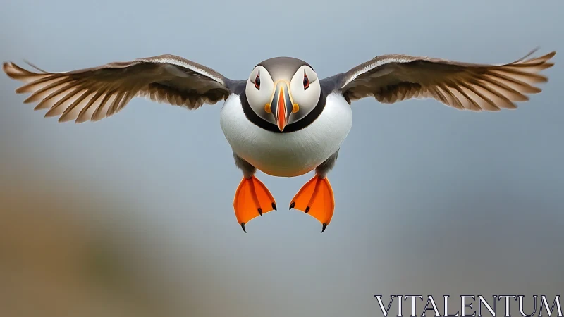 Atlantic puffin in mid-flight against soft background, realistic style.