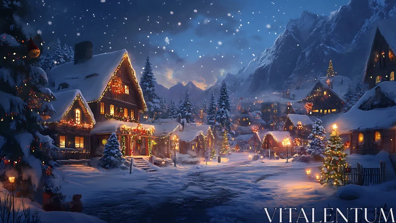 Snow-covered alpine village glowing with festive winter lights.