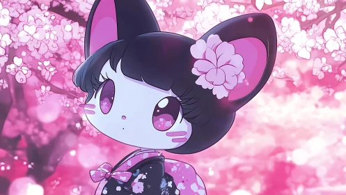 Cat-eared character in kimono amid cherry blossoms.