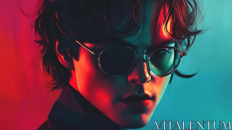 Digital portrait shows side-lit figure with tinted glasses