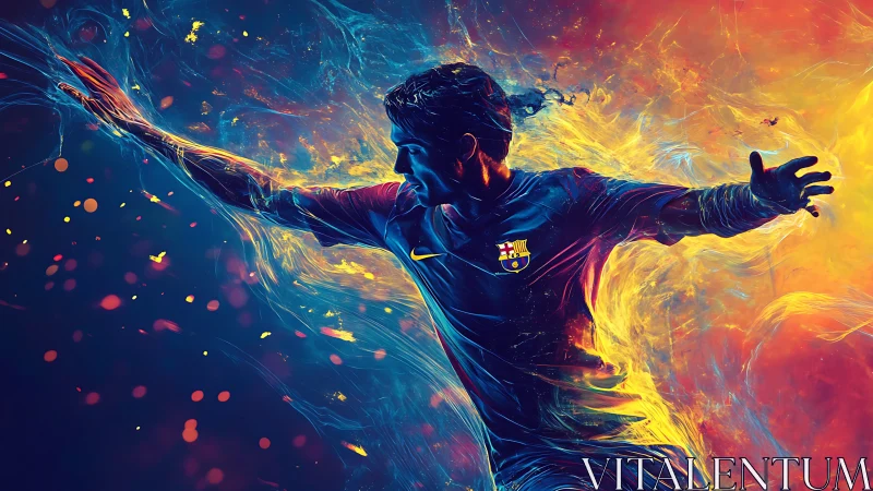 Digital painting of dynamic footballer in neon motion trails.