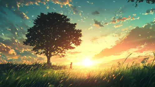 Backlit lone tree and silhouetted figure in high-saturation sunset field