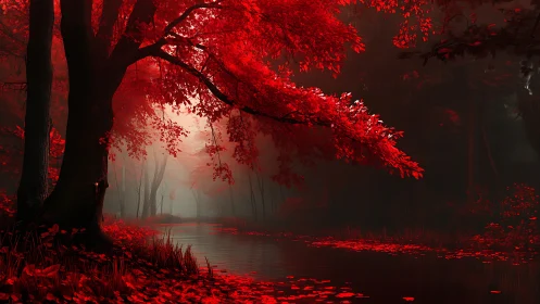 Crimson riverbank dream where scarlet trees quietly smolder.