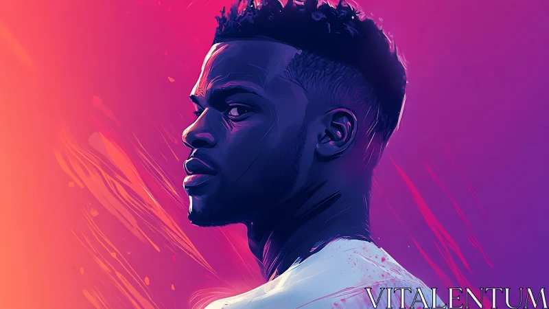 Neon-lit portrait captures intense gaze in bold gradients.