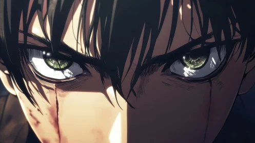 Intense anime gaze with specular-lit irises and blood traces.