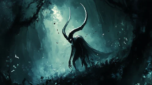 Horned shadow figure in dense, dimly lit forest clearing.