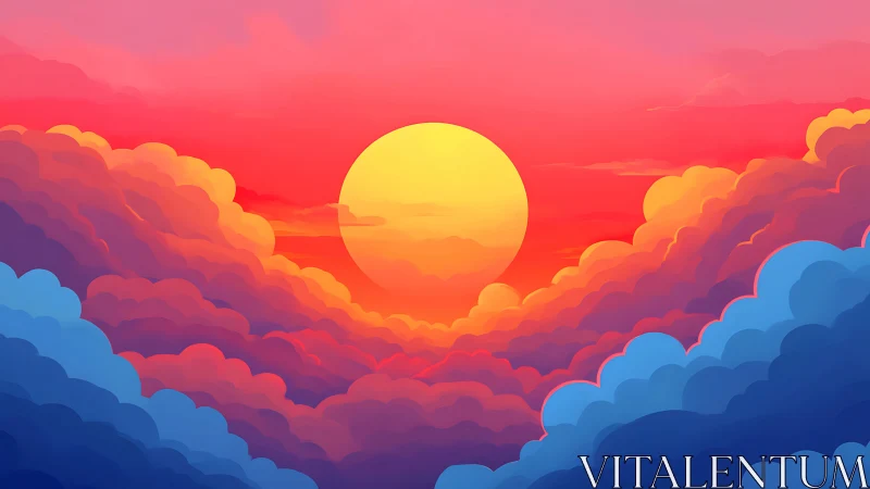 Vibrant stylized sunset above layered colorful clouds.