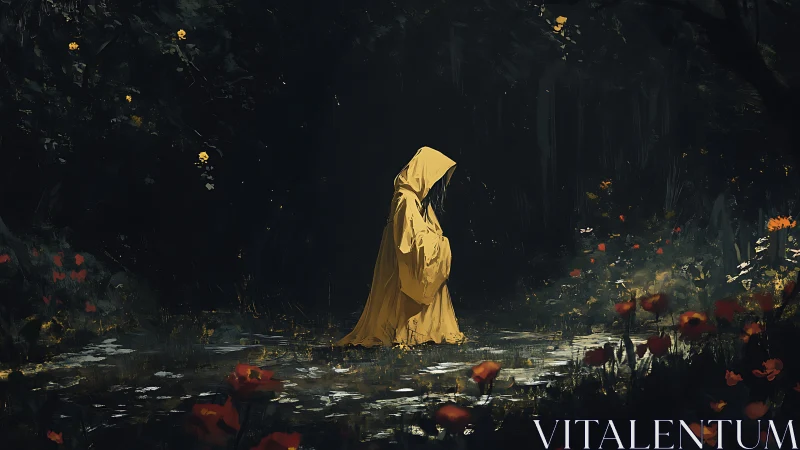 Cloaked wanderer in yellow quietly parts the twilight marsh