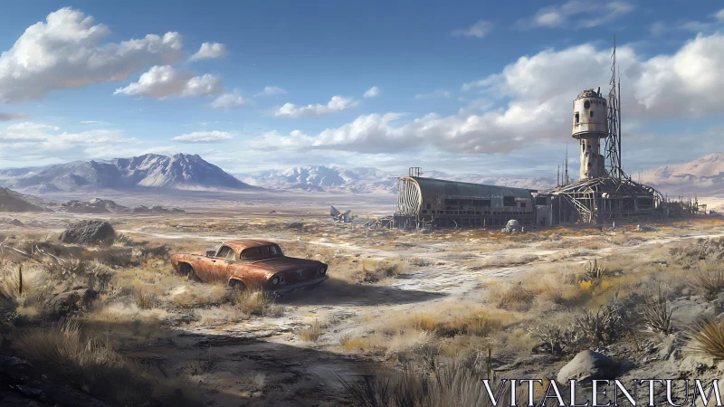 Desert ruin with rusted car and decommissioned tower station.