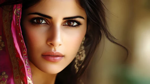 Velvet-gaze portrait framed in rose silk and quiet fire.