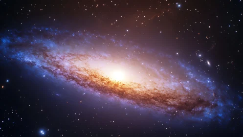 Spiral galaxy core glowing through blue cosmic dust.